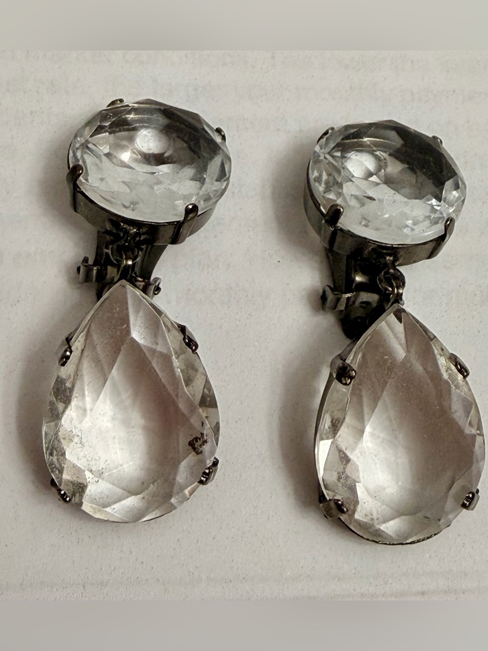 Crystal Teardrop Clip-On Earrings in Clear and Silver - Unbranded